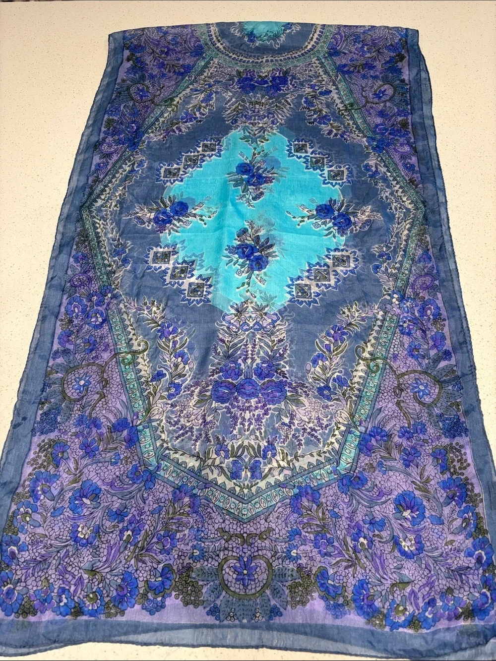 Blue & Teal Pure Silk Floral Paisley Scarf